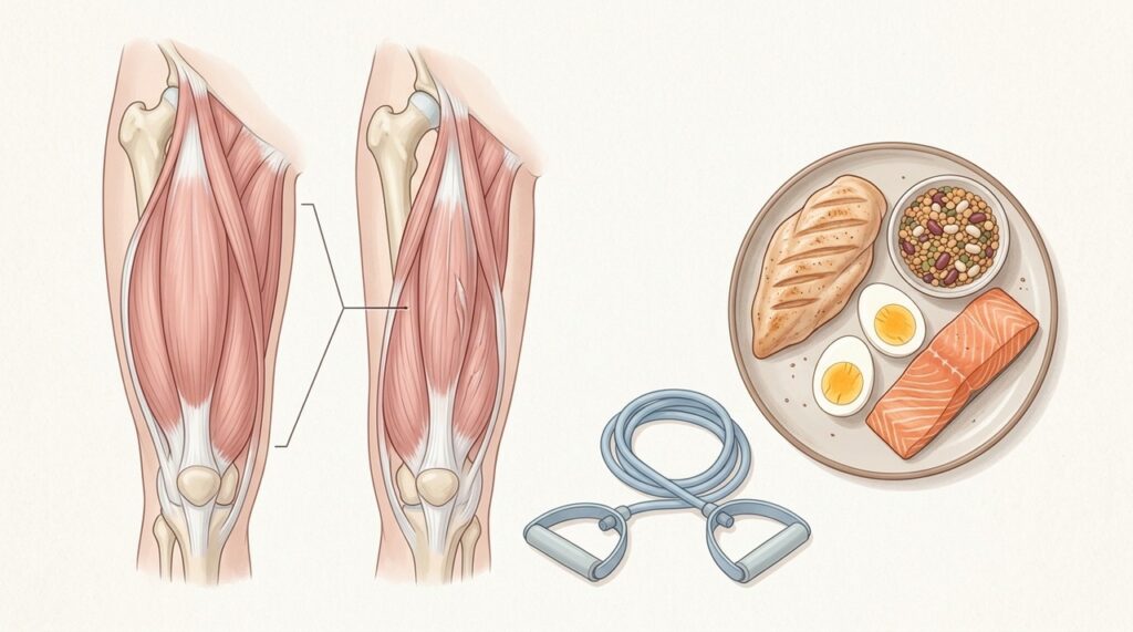Treino de força e ingestão adequada de proteínas ajudam a preservar a massa muscular.