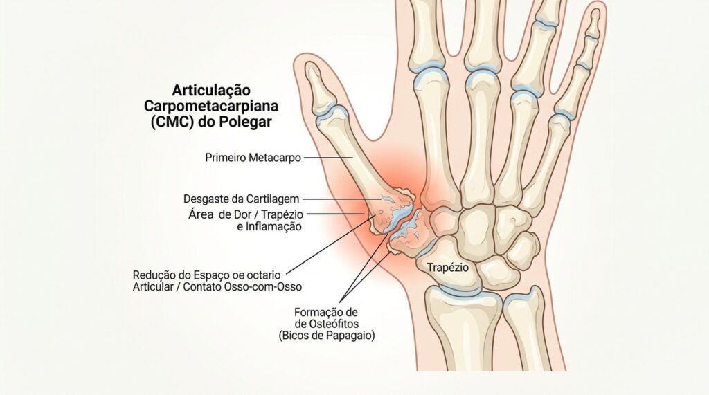 O desgaste da cartilagem na base do polegar pode causar dor, rigidez e perda de força na mão.