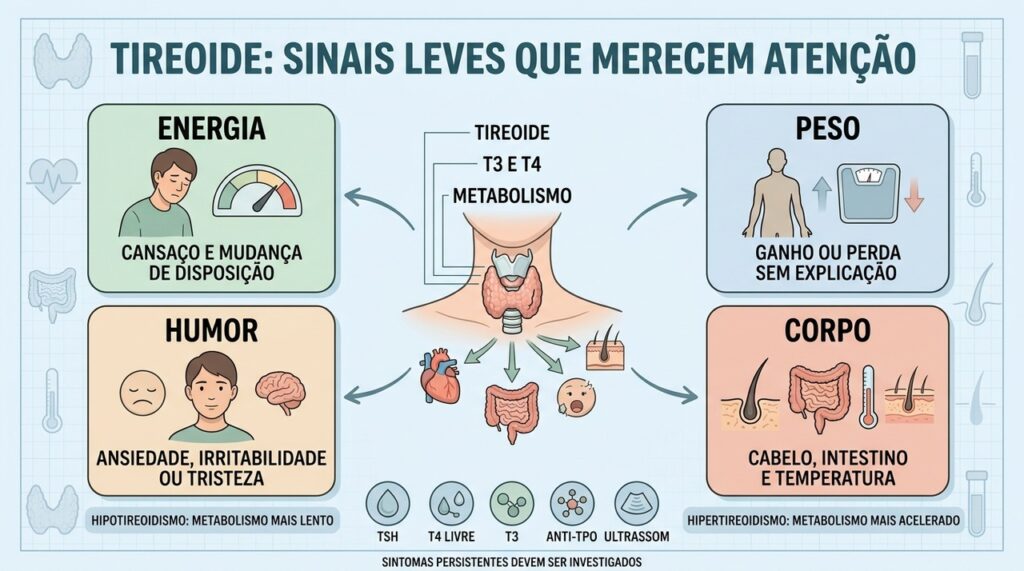 Energia, peso, humor e sinais corporais ajudam a reconhecer alterações da tireoide.