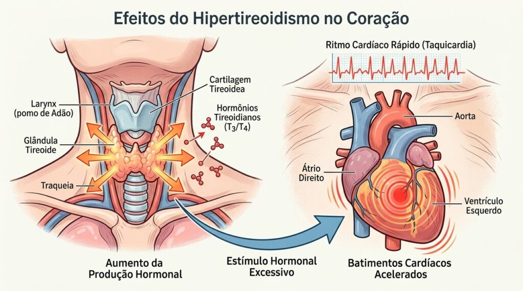 No hipertireoidismo, o excesso de hormônios tireoidianos pode acelerar o metabolismo e os batimentos cardíacos.