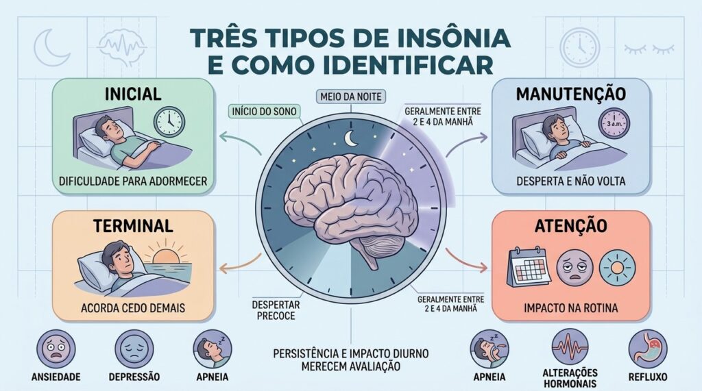 Insônia inicial, de manutenção e terminal afetam momentos diferentes da noite.