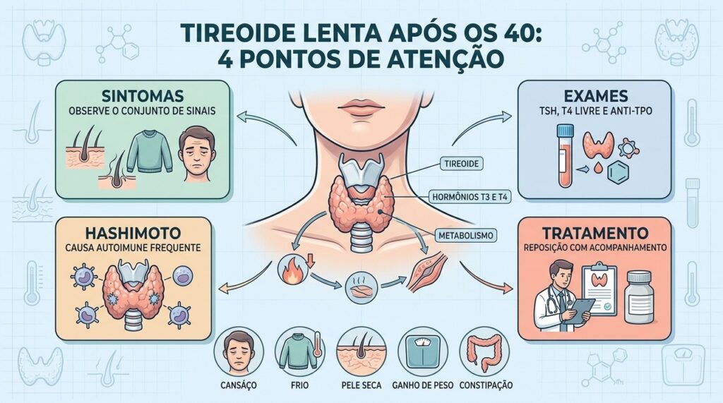 Sintomas, exames, Hashimoto e tratamento ajudam a investigar a tireoide lenta.