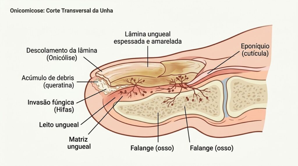 A micose pode provocar espessamento, mudança de cor, fragilidade e descolamento da unha.