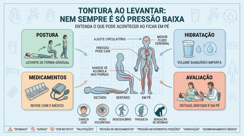 Postura, hidratação, medicamentos e circulação ajudam a explicar a tontura ao levantar.