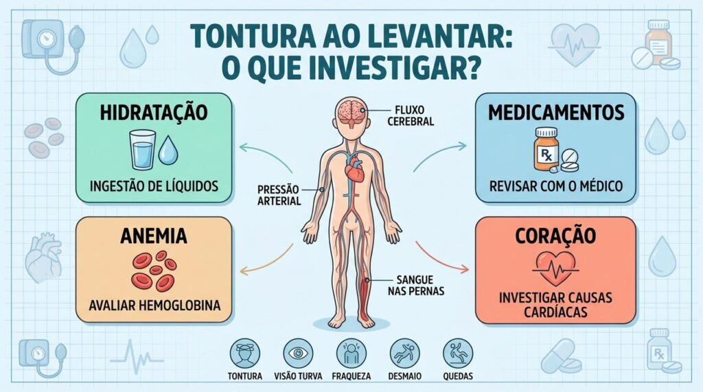 Hidratação, medicamentos, anemia e coração são quatro caminhos importantes na investigação da tontura postural.