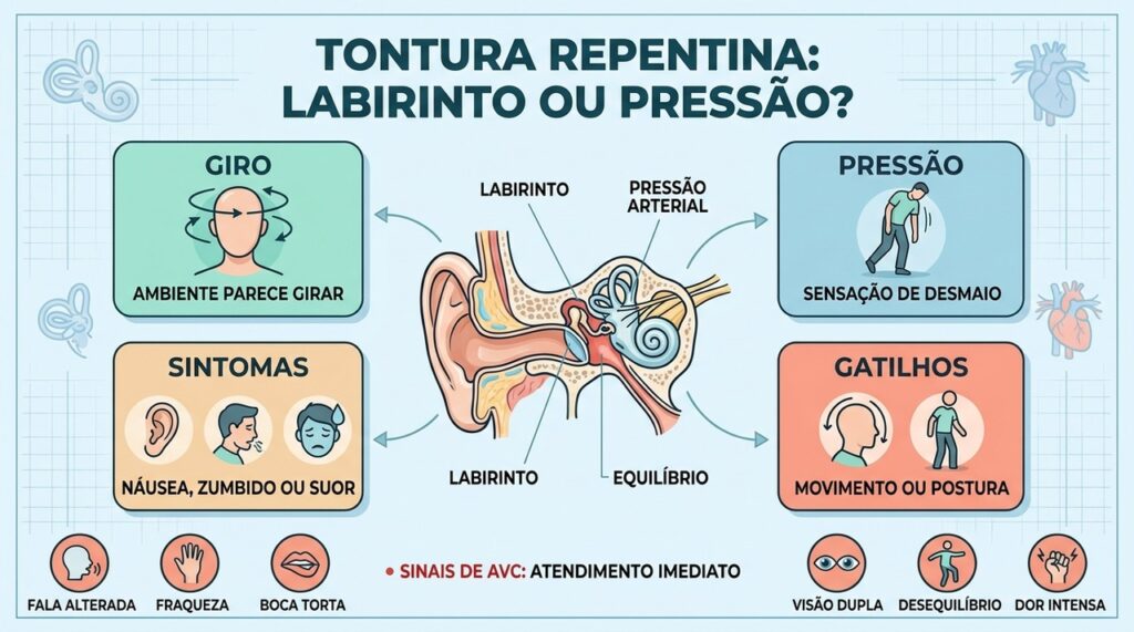 Giro, desmaio, gatilhos e sinais neurológicos ajudam a orientar a investigação da tontura.