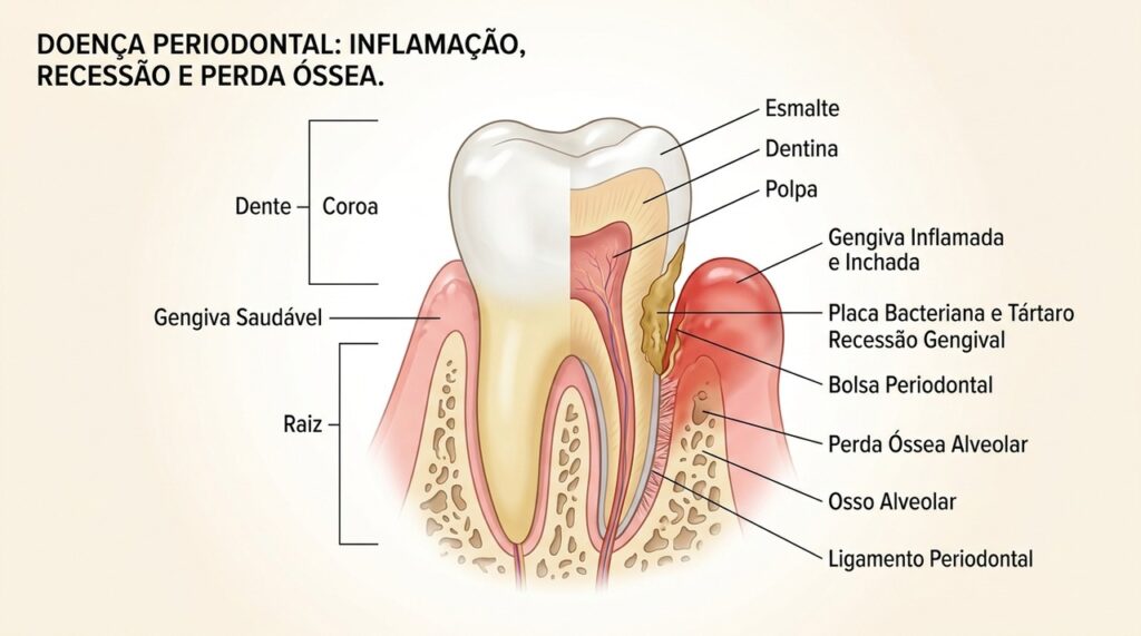A periodontite pode comprometer a gengiva e o osso que ajudam a manter o dente firme.