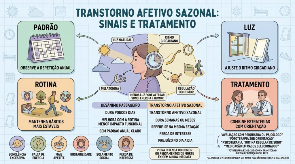 Padrão anual, duração e impacto funcional diferenciam o transtorno do desânimo.