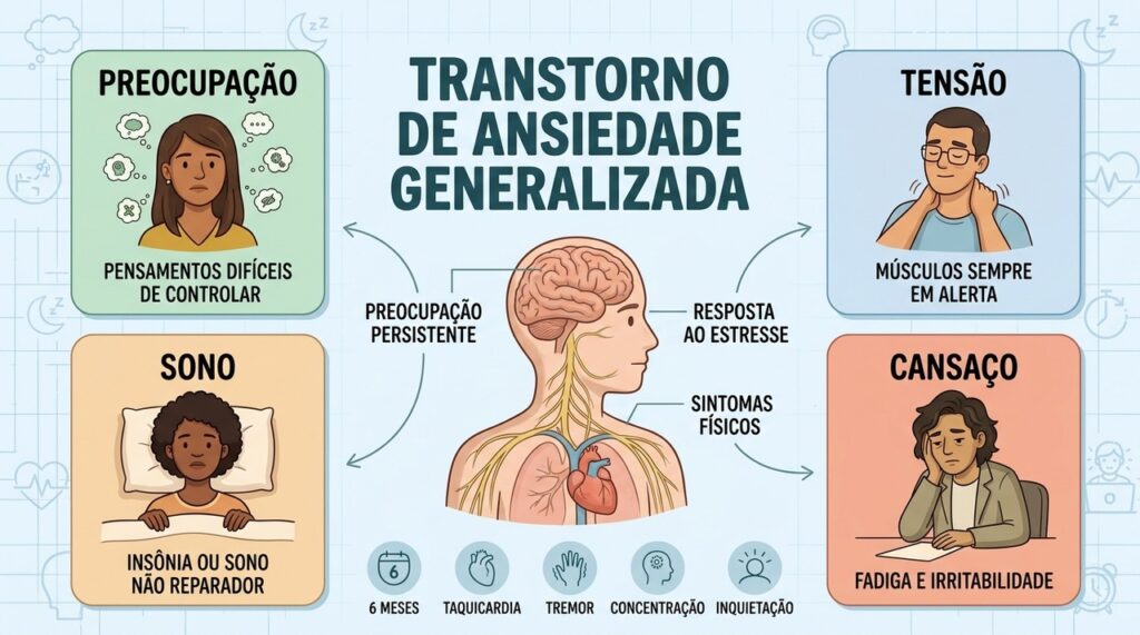 TAG combina preocupação excessiva, tensão, alterações do sono, cansaço e sintomas físicos.