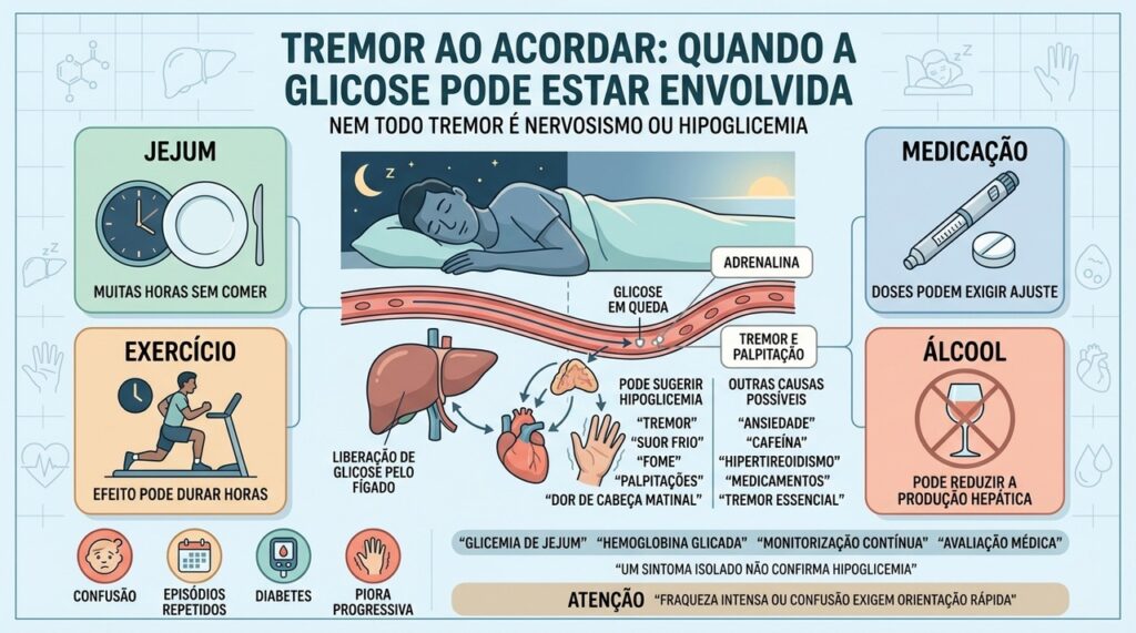 Jejum, medicação, exercício e álcool podem favorecer quedas noturnas da glicose.