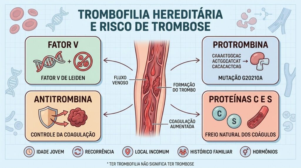 Fator V, protrombina e proteínas anticoagulantes influenciam a predisposição genética à trombose.