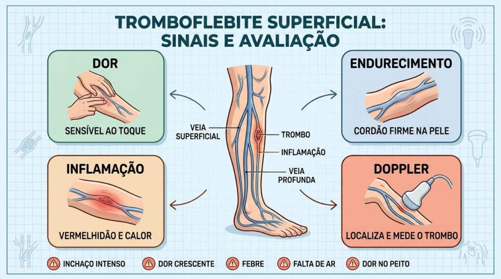 Veia dolorida e endurecida na perna pode ser uma pista frequentemente esquecida de tromboflebite superficial