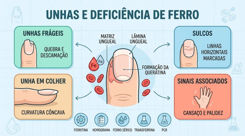 Alterações ungueais e exames ajudam a investigar possíveis sinais de deficiência de ferro.