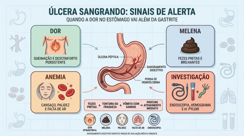 Dor epigástrica, melena, anemia e endoscopia ajudam a identificar úlcera com sangramento.