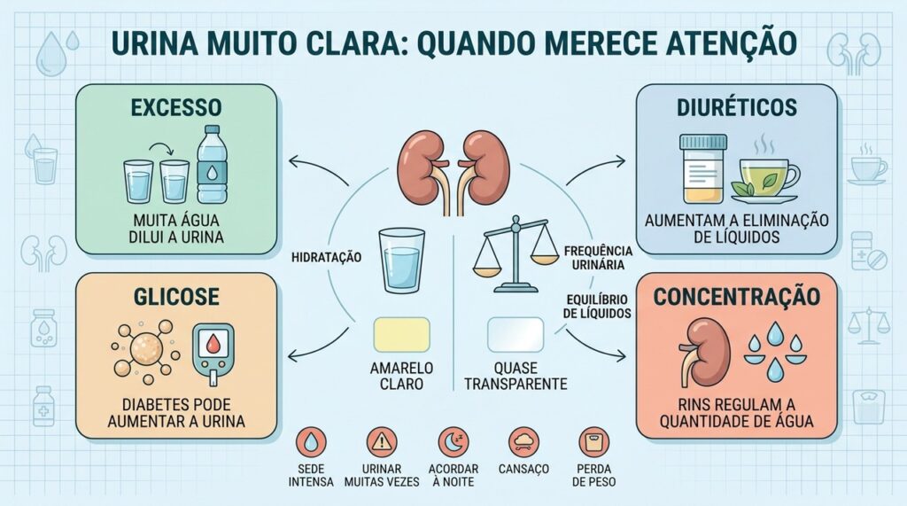 Excesso de líquidos, diuréticos, glicose e concentração renal alteram a aparência da urina.