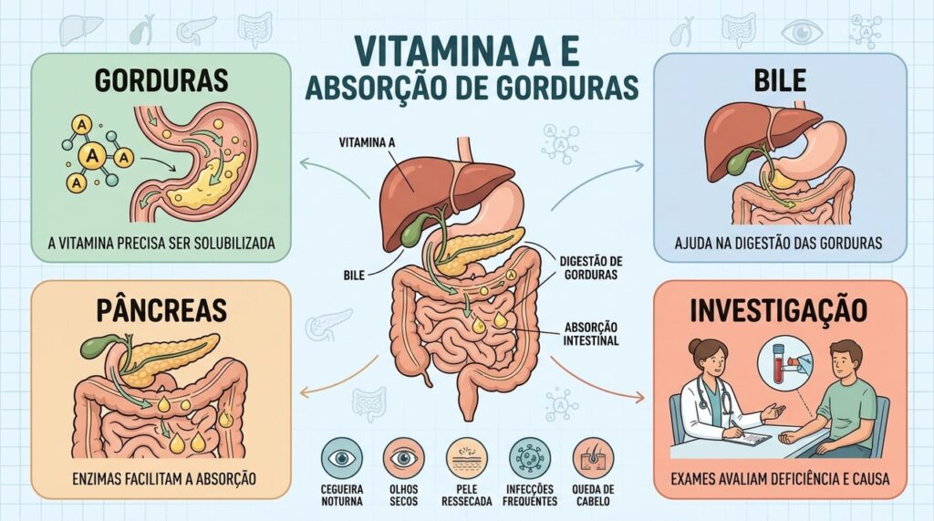 Bile, pâncreas e intestino determinam como a vitamina A é absorvida.
