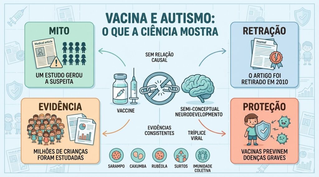 Mito, retratação, evidências e proteção resumem por que vacinas não causam autismo.
