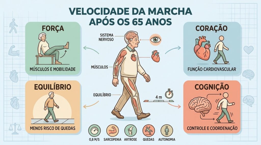 A velocidade da marcha reflete força, equilíbrio, cognição e capacidade de manter independência.
