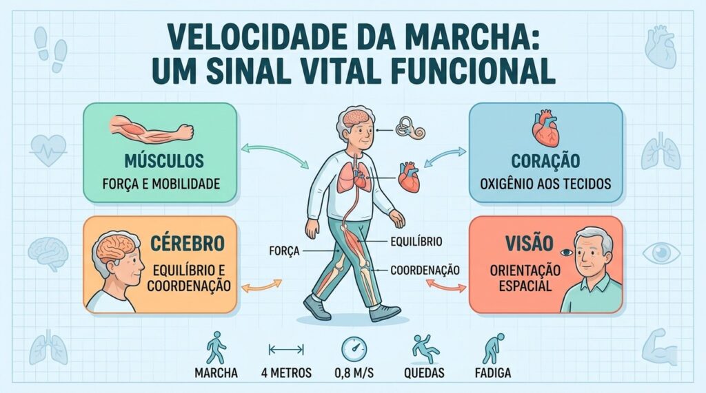 A marcha integra músculos, coração, pulmões, visão e cérebro em um único marcador funcional.