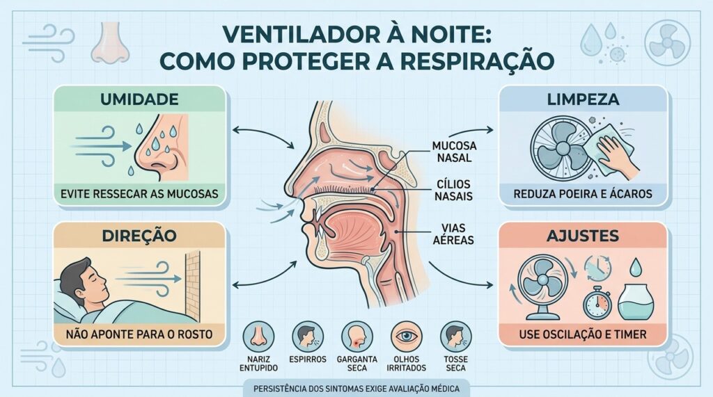 Limpeza, umidade e direção do vento ajudam a reduzir irritações respiratórias noturnas.