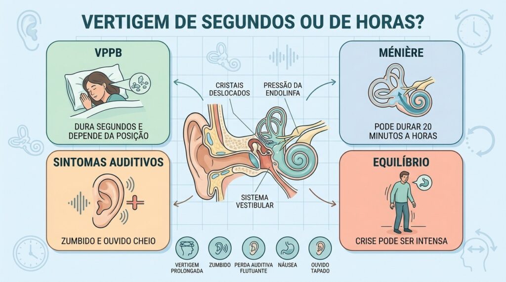 Duração, gatilho e sintomas auditivos ajudam a diferenciar VPPB de doença de Ménière.