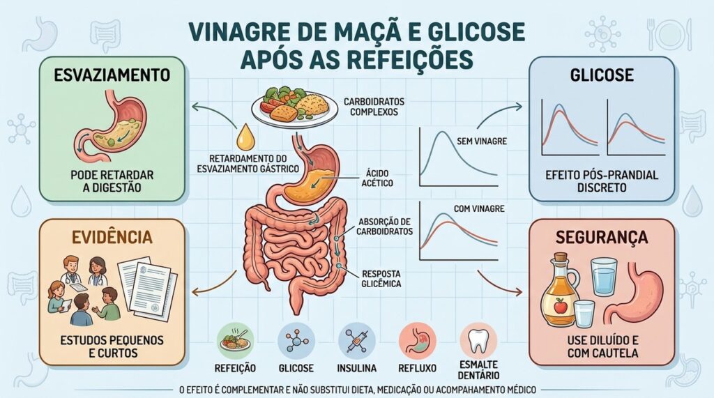 Esvaziamento gástrico, glicose, evidência limitada e segurança explicam o possível efeito do vinagre.