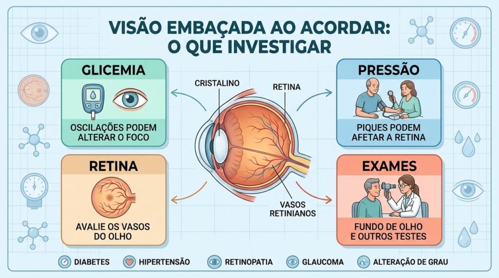 Glicemia, pressão, retina e exames ajudam a esclarecer a causa da visão embaçada.