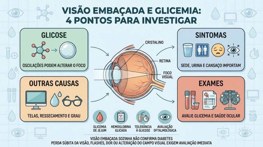 Glicose, sintomas, causas oculares e exames ajudam a investigar visão embaçada.