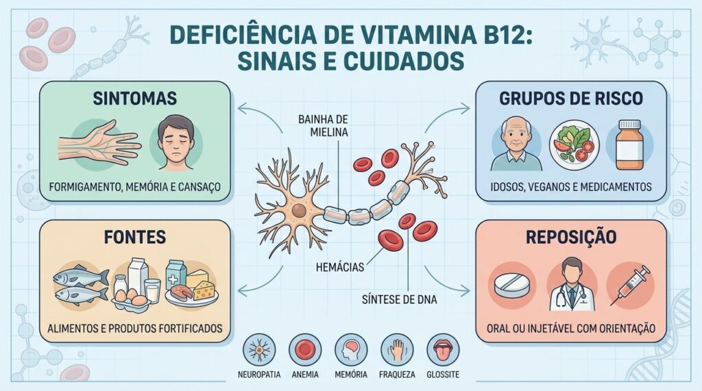 Sintomas, grupos de risco, fontes e reposição ajudam a entender a deficiência de B12.