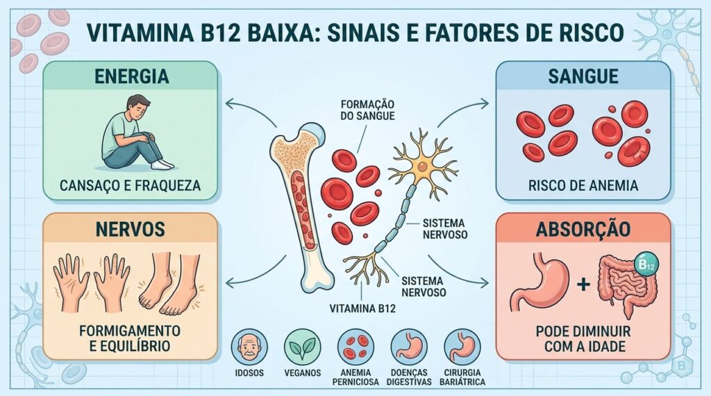 Energia, sangue, nervos e absorção ajudam a entender a deficiência de B12.