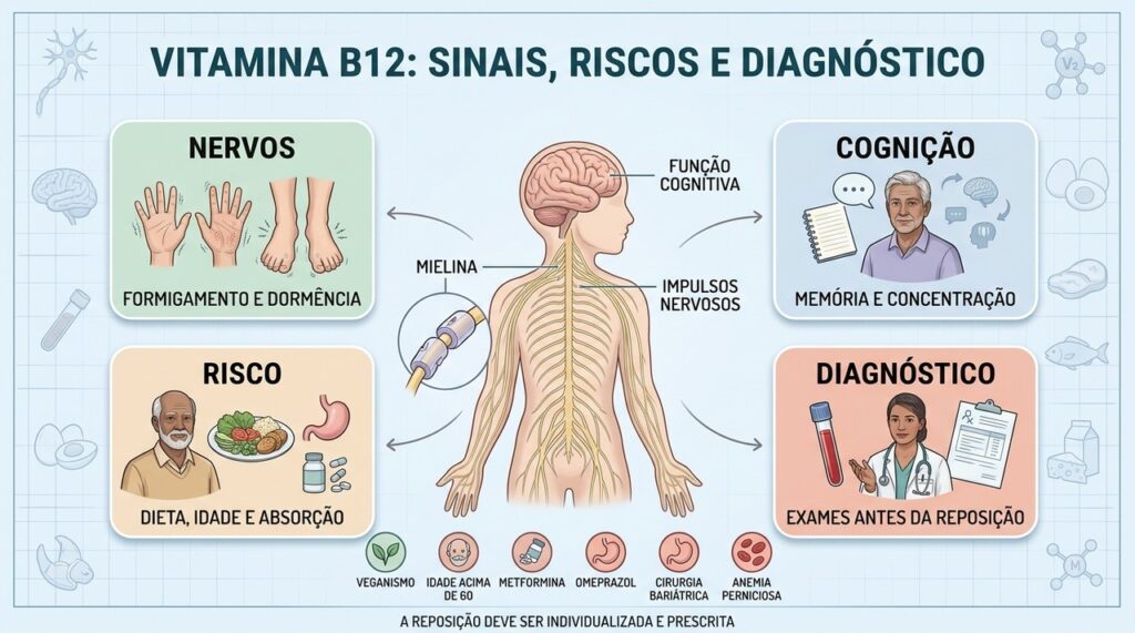 Nervos, cognição, grupos de risco e exames orientam a investigação da B12.
