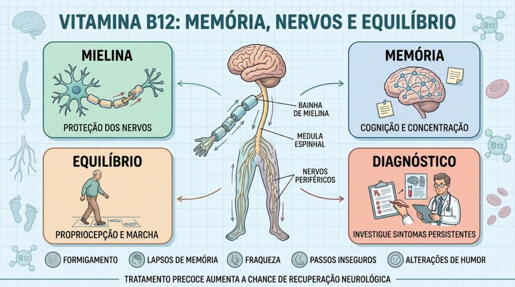 Mielina, memória, equilíbrio e diagnóstico mostram os efeitos neurológicos da deficiência de B12.