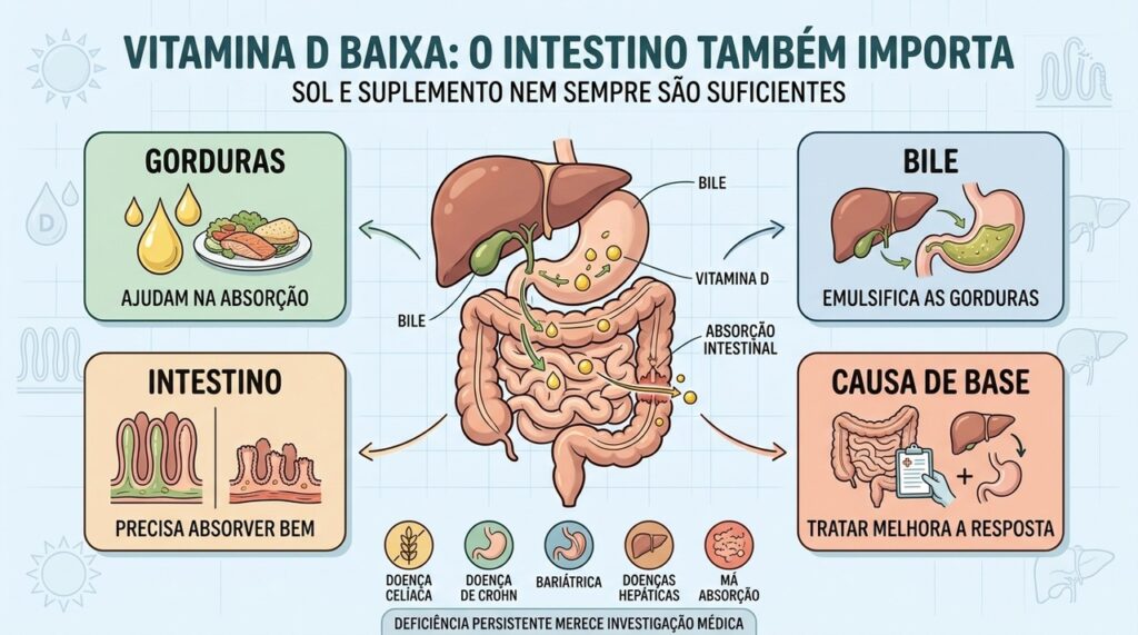 Gorduras, bile e intestino saudável são essenciais para absorver vitamina D.