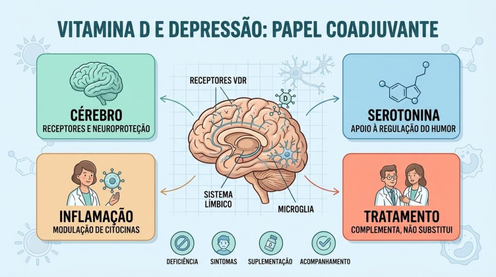 Quatro mecanismos ajudam a entender o papel complementar da vitamina D na depressão.