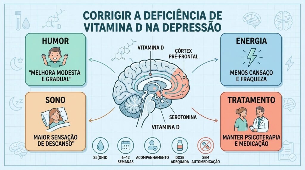 Deficiência corrigida pode apoiar humor, energia e sono, sempre junto ao tratamento principal.