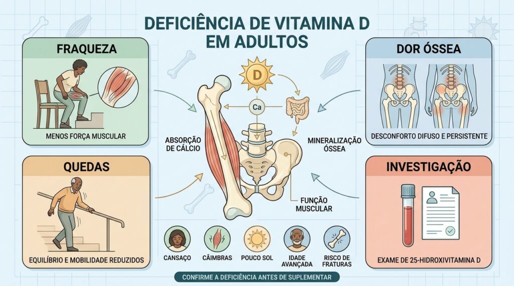Fraqueza, dor óssea, quedas e exame laboratorial orientam a investigação da vitamina D.