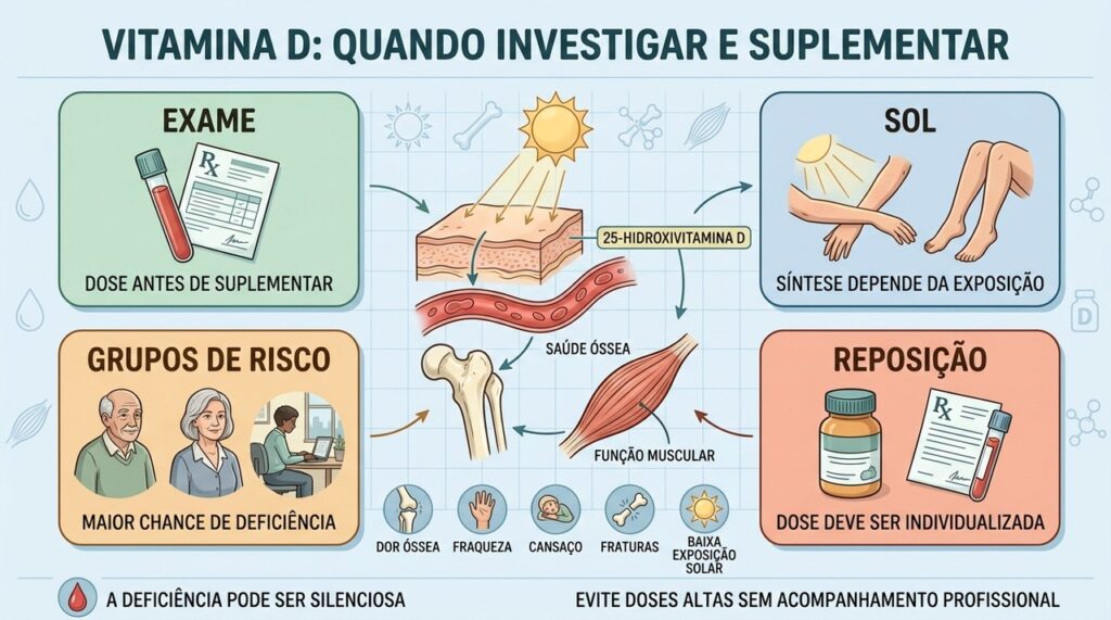 Exame, exposição solar, grupos de risco e reposição orientam o cuidado com vitamina D.