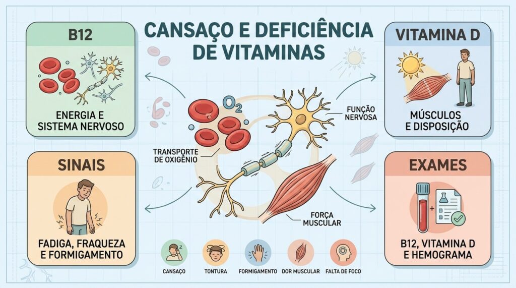 B12, vitamina D, sintomas e exames ajudam a investigar cansaço persistente.