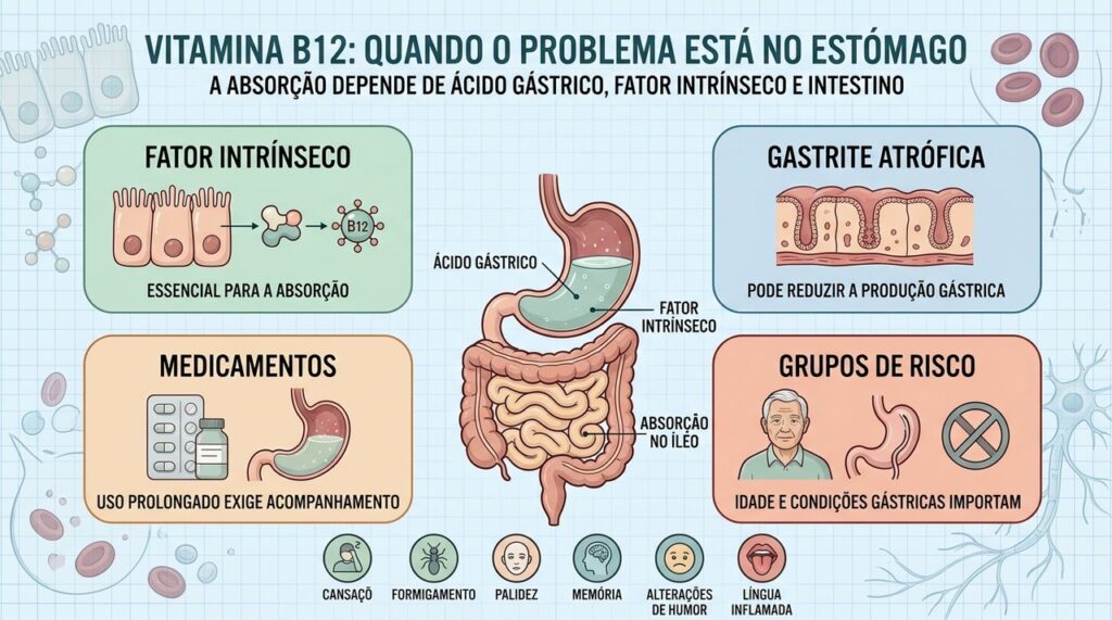 Ácido gástrico, fator intrínseco e intestino determinam a absorção adequada da vitamina B12.