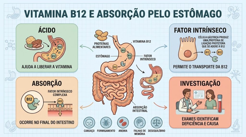 Ácido gástrico, fator intrínseco e intestino determinam a absorção da vitamina B12.
