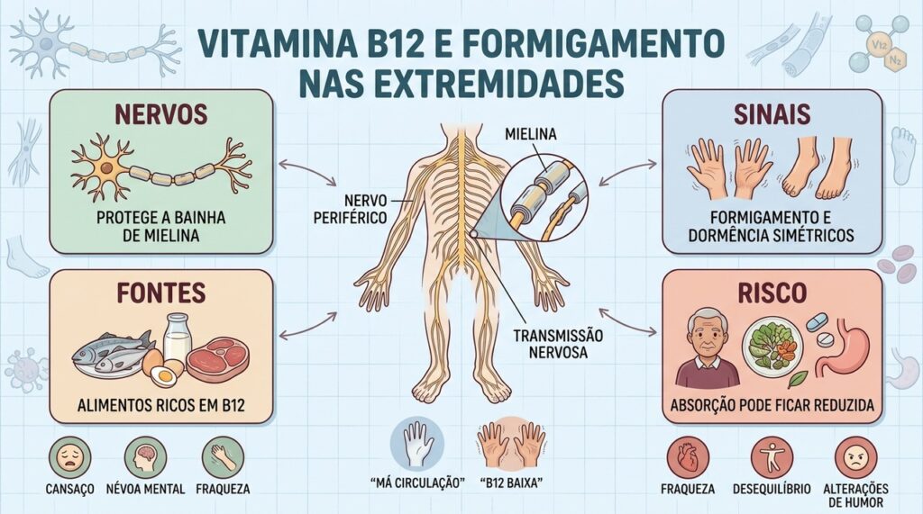 B12 protege a mielina, e sua deficiência pode causar sintomas neurológicos progressivos.