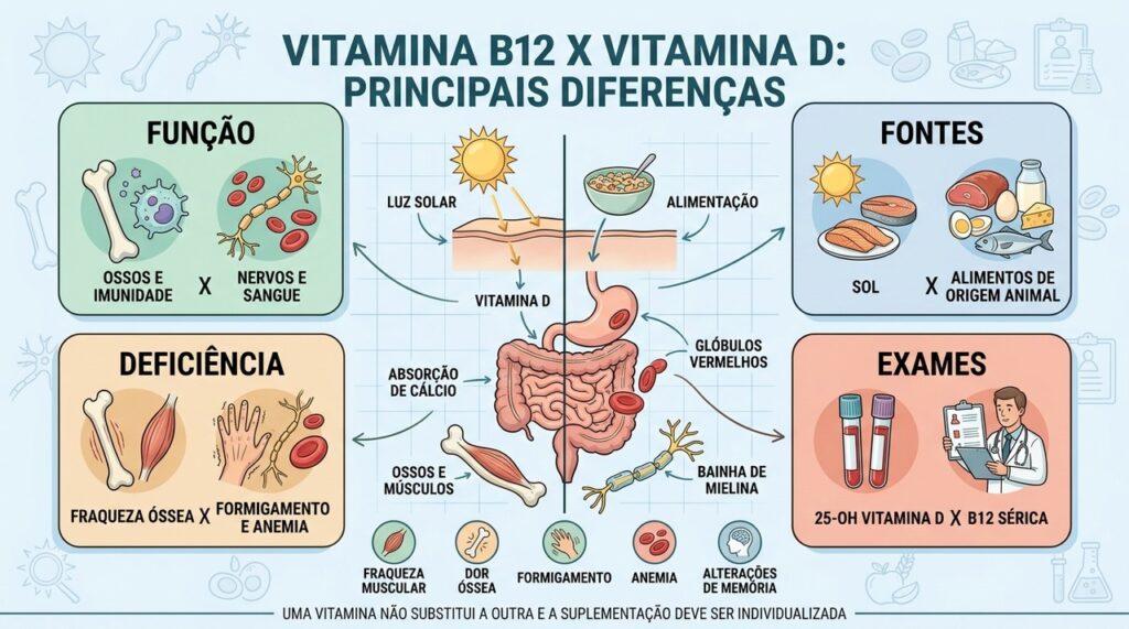 Função, fontes, deficiência e exames distinguem claramente vitamina B12 e vitamina D.