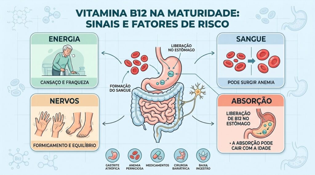 Energia, sangue, nervos e absorção explicam os principais efeitos da B12 baixa.