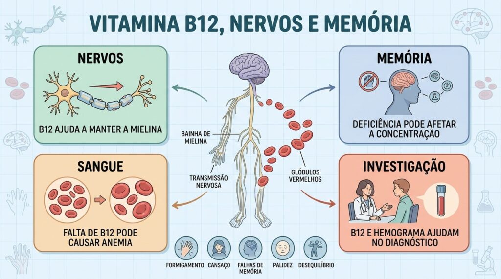 Nervos, memória, anemia e exames ajudam a reconhecer a deficiência de vitamina B12.