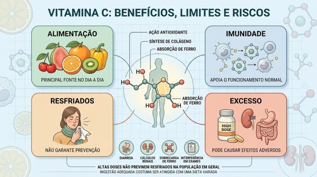Vitamina C apoia funções essenciais, mas megadoses trazem limites e possíveis riscos.