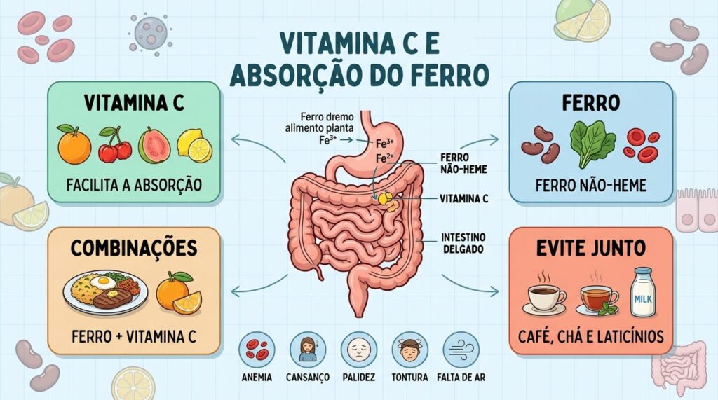 Vitamina C favorece a absorção do ferro, enquanto café e chá podem dificultá-la.