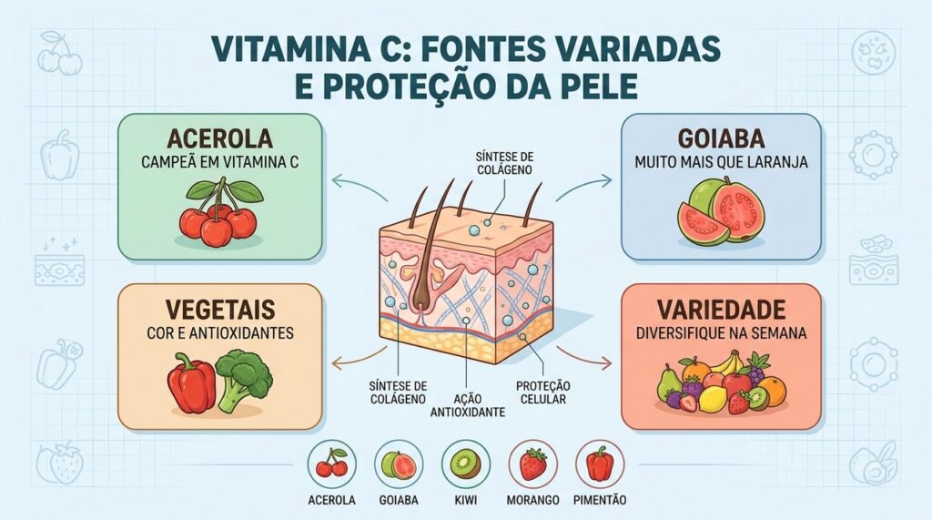 Quatro pilares para aproveitar vitamina C: variedade, frutas, vegetais e preparo cuidadoso.