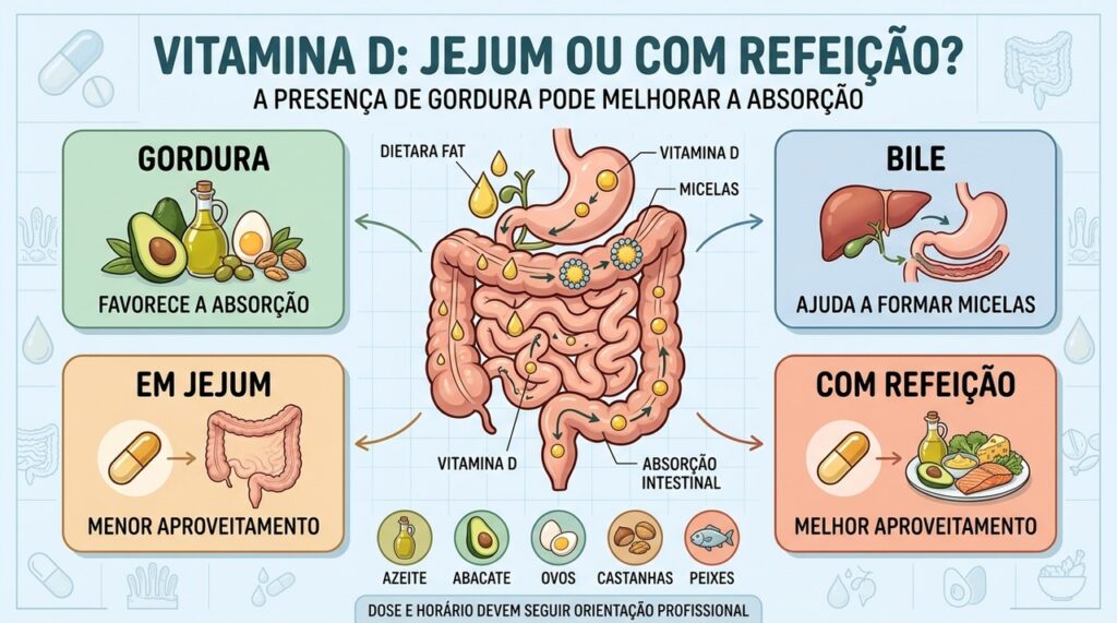 Gordura, bile e micelas facilitam a absorção intestinal da vitamina D.