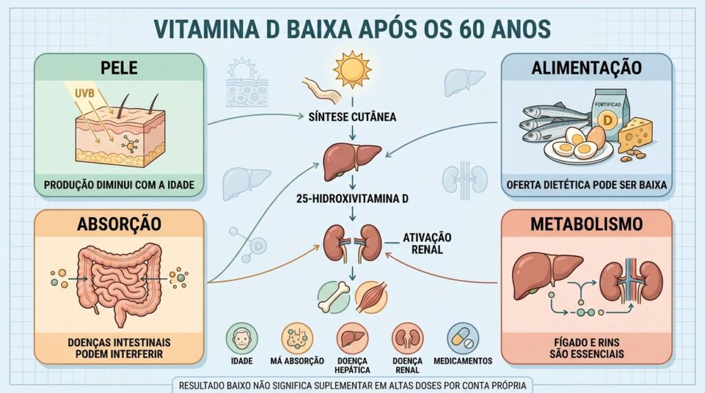 Pele, alimentação, absorção e metabolismo explicam diferentes causas de vitamina D baixa.