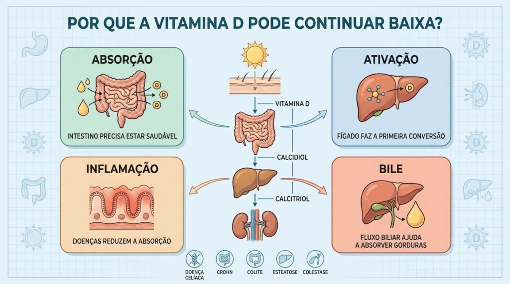 Intestino, fígado, bile e inflamação influenciam absorção e ativação da vitamina D.